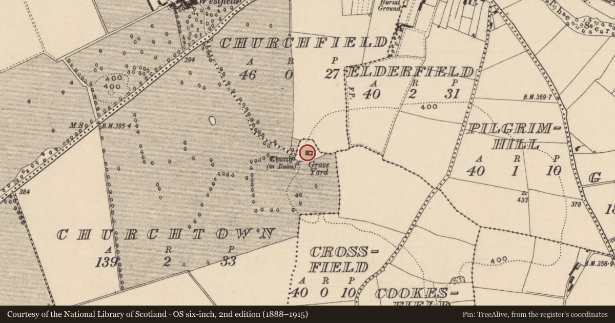 Ordnance Survey six-inch map, 2nd edition (1888–1915) covering the location of Church, Churchtown, County Laois, with a pin at the register's coordinates