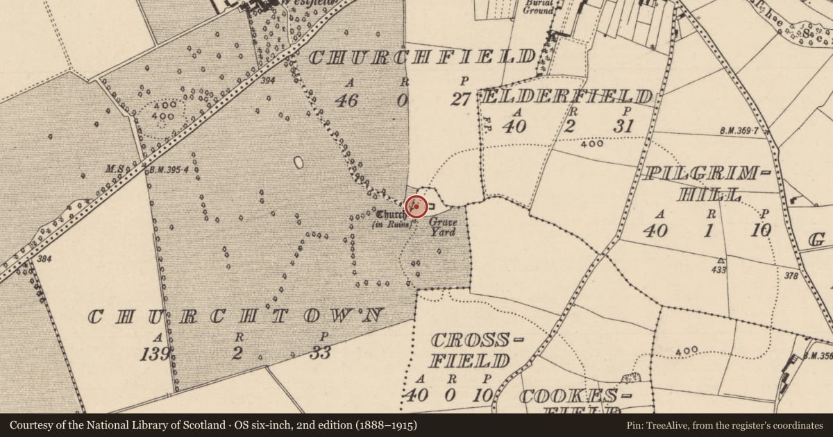 Ordnance Survey six-inch map, 2nd edition (1888–1915) covering the location of Holed stone, Churchtown, County Laois, with a pin at the register's coordinates