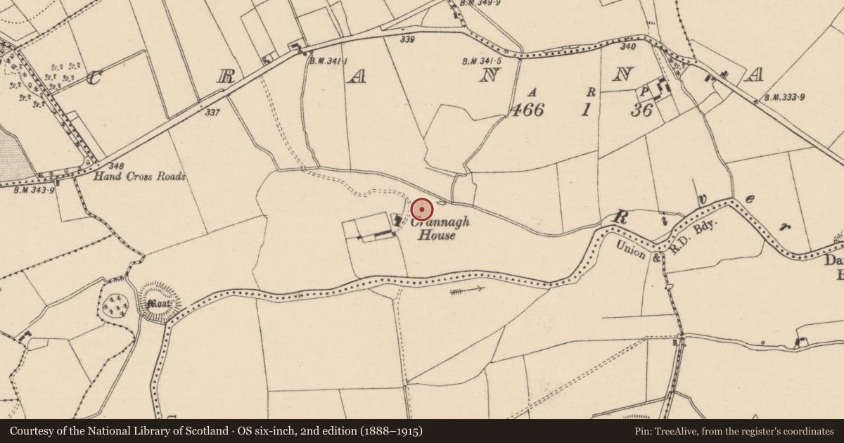 Ordnance Survey six-inch map, 2nd edition (1888–1915) covering the location of Metalworking site, Crannagh, County Laois, with a pin at the register's coordinates