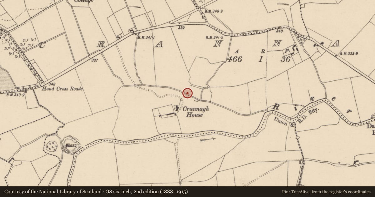 Ordnance Survey six-inch map, 2nd edition (1888–1915) covering the location of Water mill - horizontal-wheeled, Crannagh, County Laois, with a pin at the register's coordinates