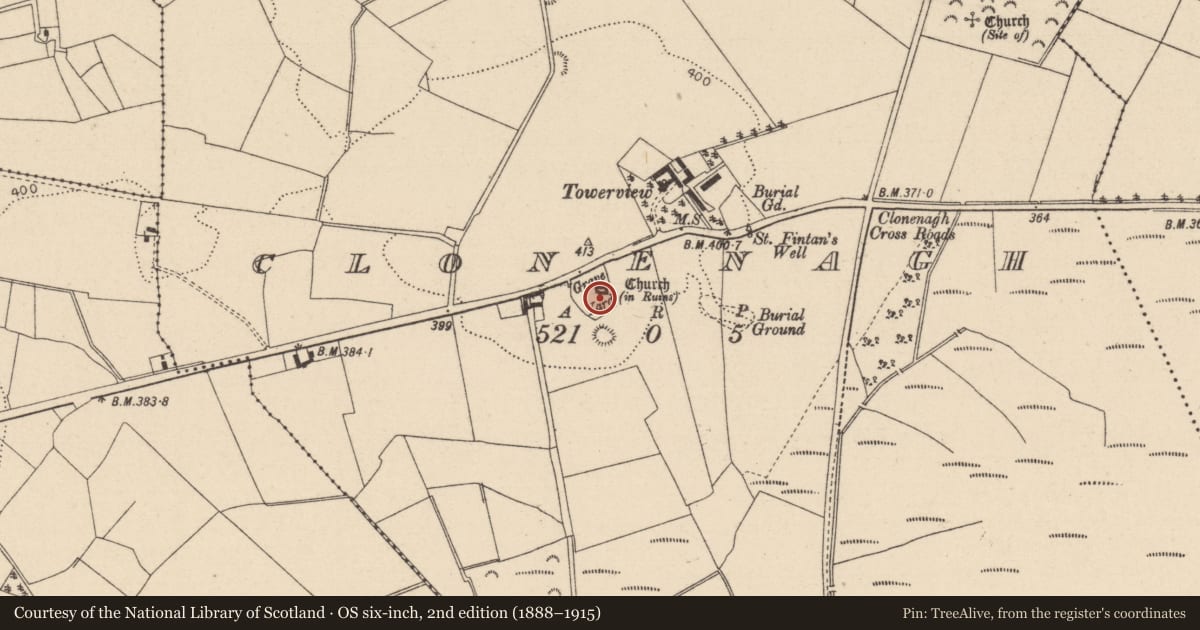 Ordnance Survey six-inch map, 2nd edition (1888–1915) covering the location of Church, Clonenagh, County Laois, with a pin at the register's coordinates