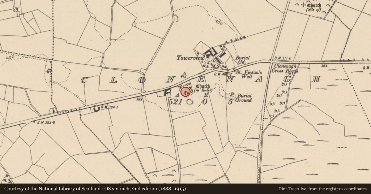 Ordnance Survey six-inch map, 2nd edition (1888–1915) covering the location of Graveyard, Clonenagh, County Laois, with a pin at the register's coordinates