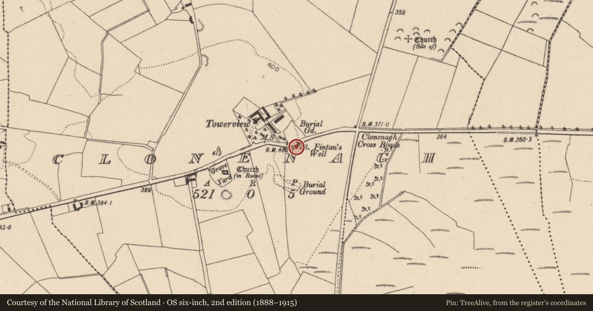 Ordnance Survey six-inch map, 2nd edition (1888–1915) covering the location of Ritual site - holy well, Clonenagh, County Laois, with a pin at the register's coordinates