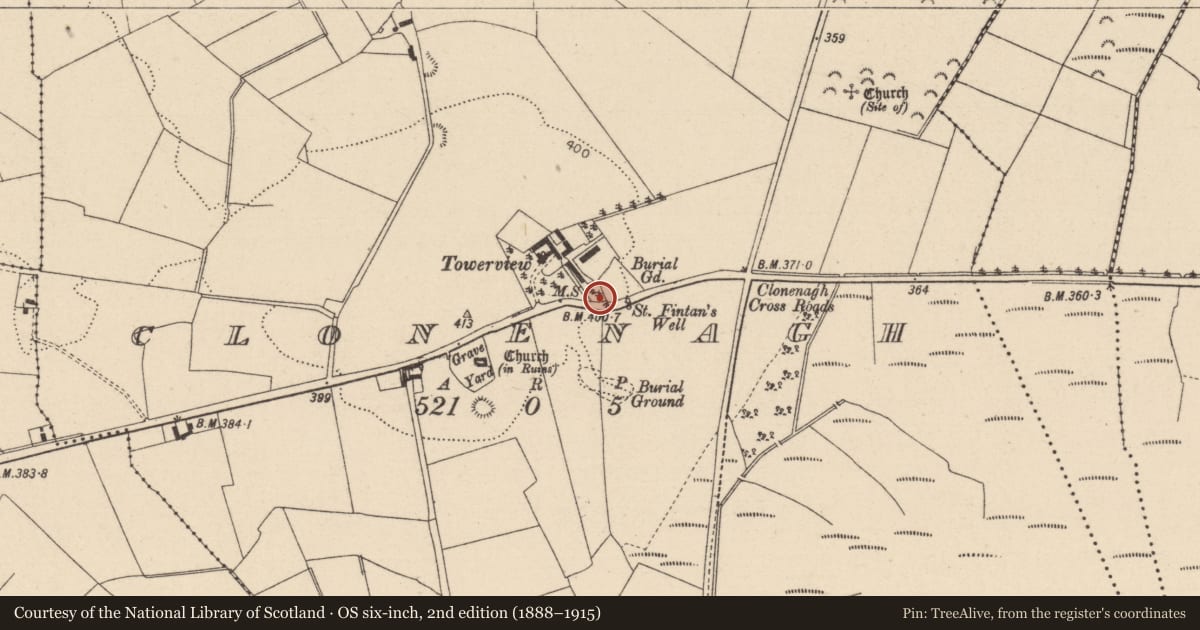 Ordnance Survey six-inch map, 2nd edition (1888–1915) covering the location of Cross-slab, Clonenagh, County Laois, with a pin at the register's coordinates