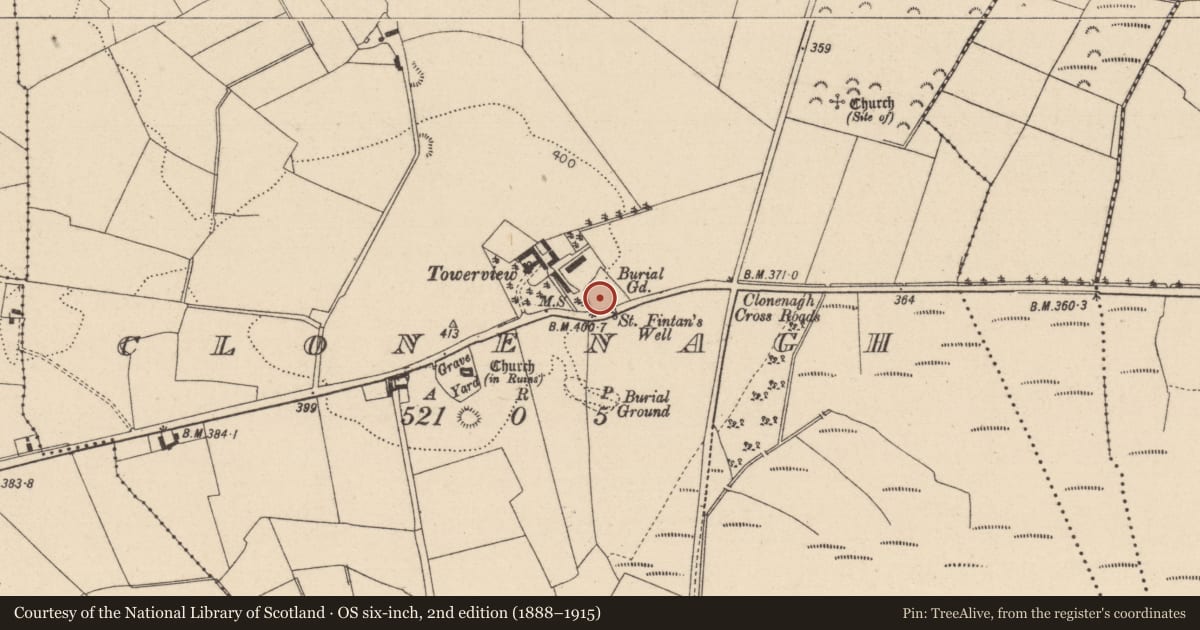 Ordnance Survey six-inch map, 2nd edition (1888–1915) covering the location of Graveyard, Clonenagh, County Laois, with a pin at the register's coordinates