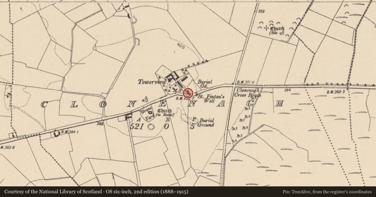 Ordnance Survey six-inch map, 2nd edition (1888–1915) covering the location of Cross-slab, Clonenagh, County Laois, with a pin at the register's coordinates