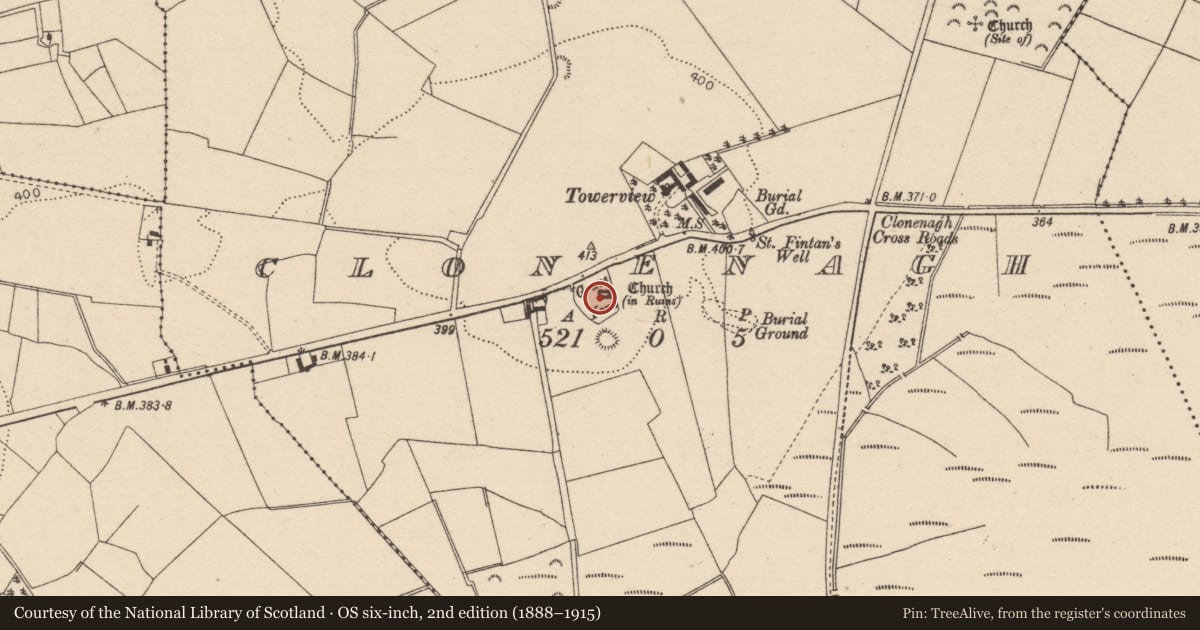Ordnance Survey six-inch map, 2nd edition (1888–1915) covering the location of Ecclesiastical enclosure, Clonenagh, County Laois, with a pin at the register's coordinates