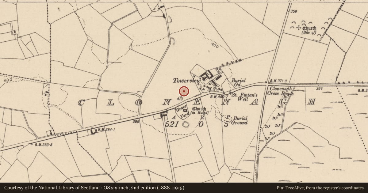Ordnance Survey six-inch map, 2nd edition (1888–1915) covering the location of Cross-slab, Clonenagh, County Laois, with a pin at the register's coordinates
