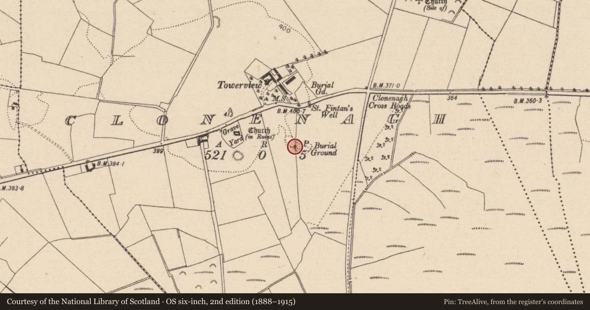 Ordnance Survey six-inch map, 2nd edition (1888–1915) covering the location of Church, Clonenagh, County Laois, with a pin at the register's coordinates