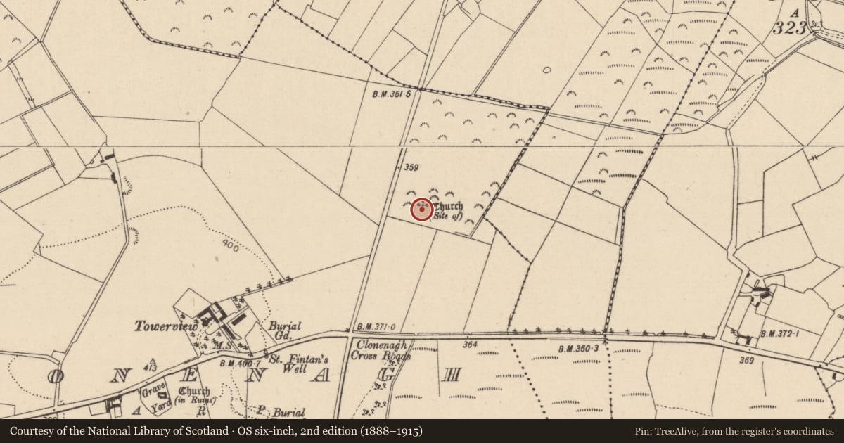 Ordnance Survey six-inch map, 2nd edition (1888–1915) covering the location of Church, Clonenagh, County Laois, with a pin at the register's coordinates