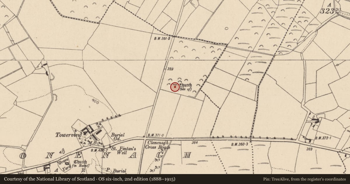Ordnance Survey six-inch map, 2nd edition (1888–1915) covering the location of Ecclesiastical enclosure, Clonenagh, County Laois, with a pin at the register's coordinates