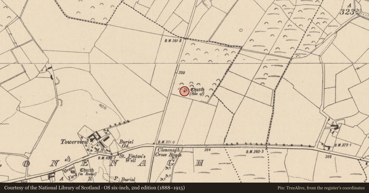 Ordnance Survey six-inch map, 2nd edition (1888–1915) covering the location of Ritual site - holy tree/bush, Clonenagh, County Laois, with a pin at the register's coordinates