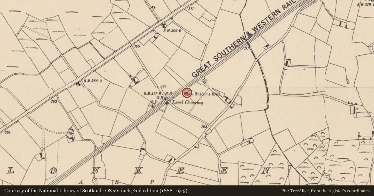 Ordnance Survey six-inch map, 2nd edition (1888–1915) covering the location of Well, Clonkeen, County Laois, with a pin at the register's coordinates
