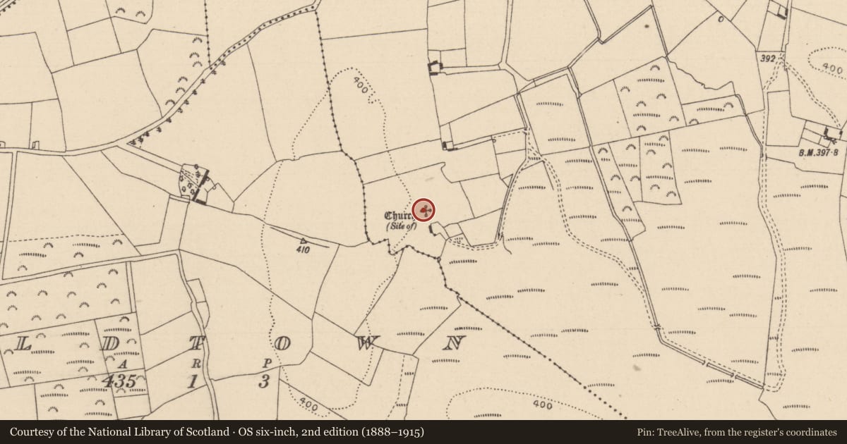 Ordnance Survey six-inch map, 2nd edition (1888–1915) covering the location of Church, Clonkeen, County Laois, with a pin at the register's coordinates