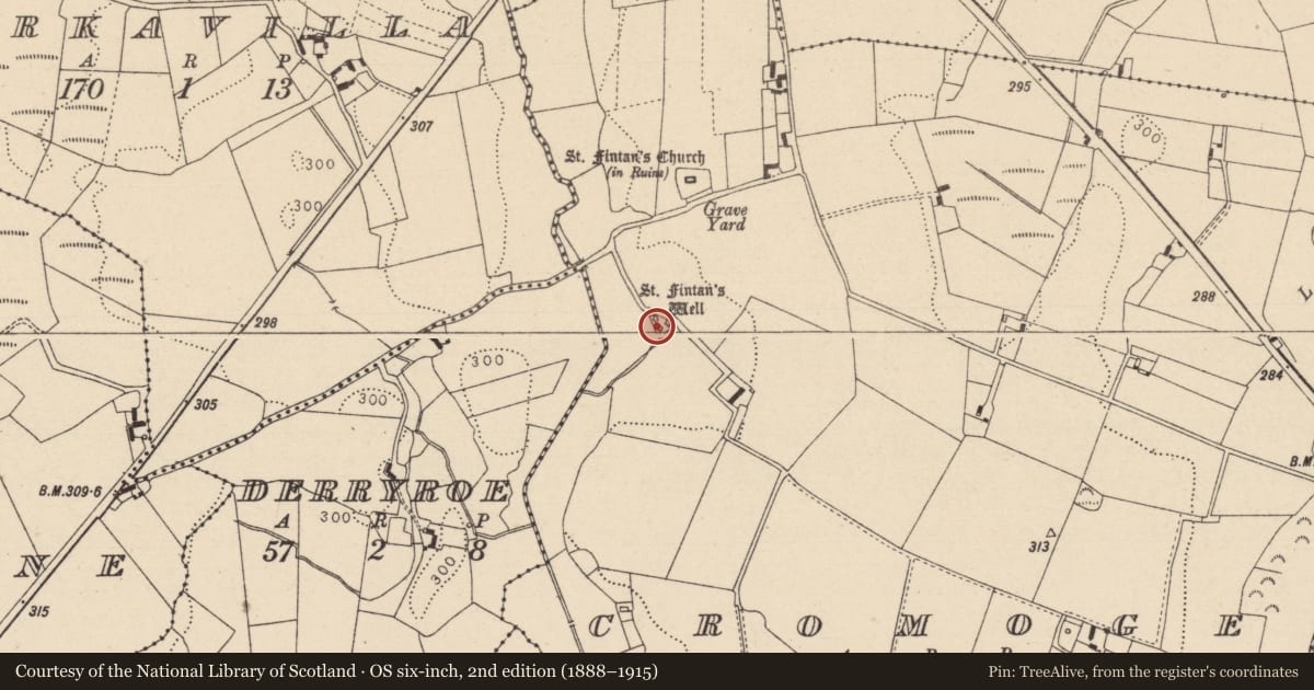 Ordnance Survey six-inch map, 2nd edition (1888–1915) covering the location of Bullaun stone, Cromoge, County Laois, with a pin at the register's coordinates