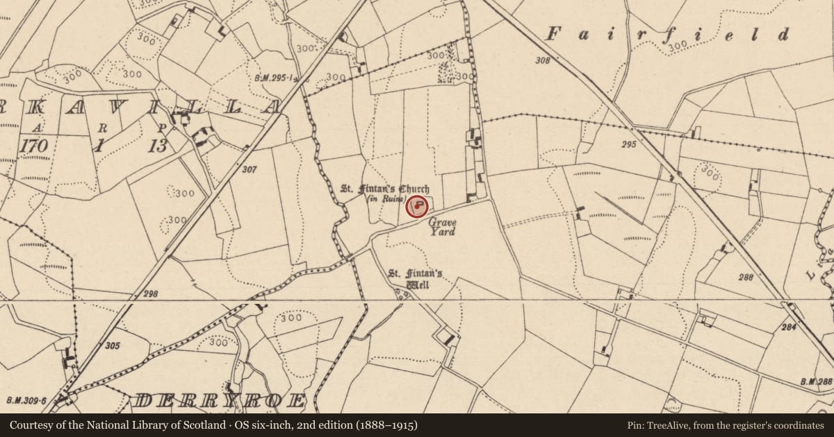 Ordnance Survey six-inch map, 2nd edition (1888–1915) covering the location of Church, Cromoge, County Laois, with a pin at the register's coordinates