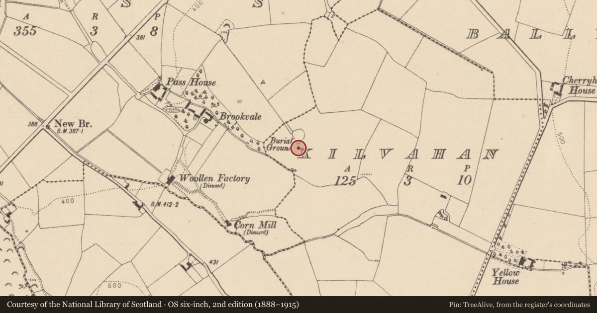 Ordnance Survey six-inch map, 2nd edition (1888–1915) covering the location of Ecclesiastical enclosure, Kilvahan, County Laois, with a pin at the register's coordinates