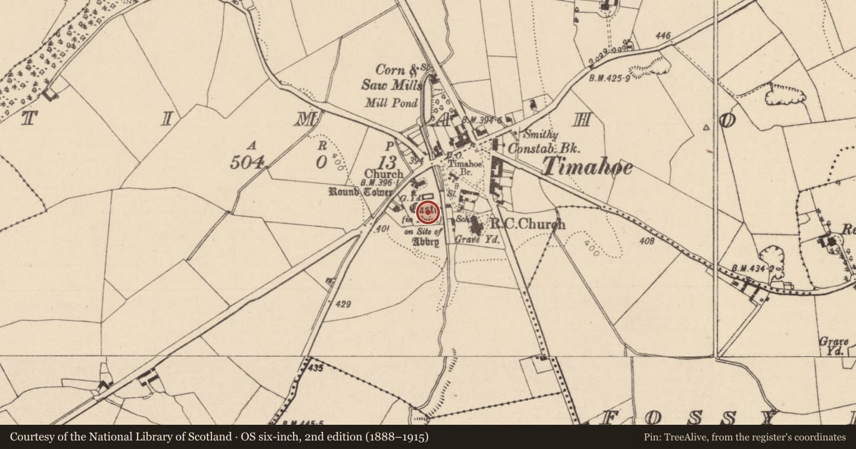 Ordnance Survey six-inch map, 2nd edition (1888–1915) covering the location of Burial, Timahoe, County Laois, with a pin at the register's coordinates