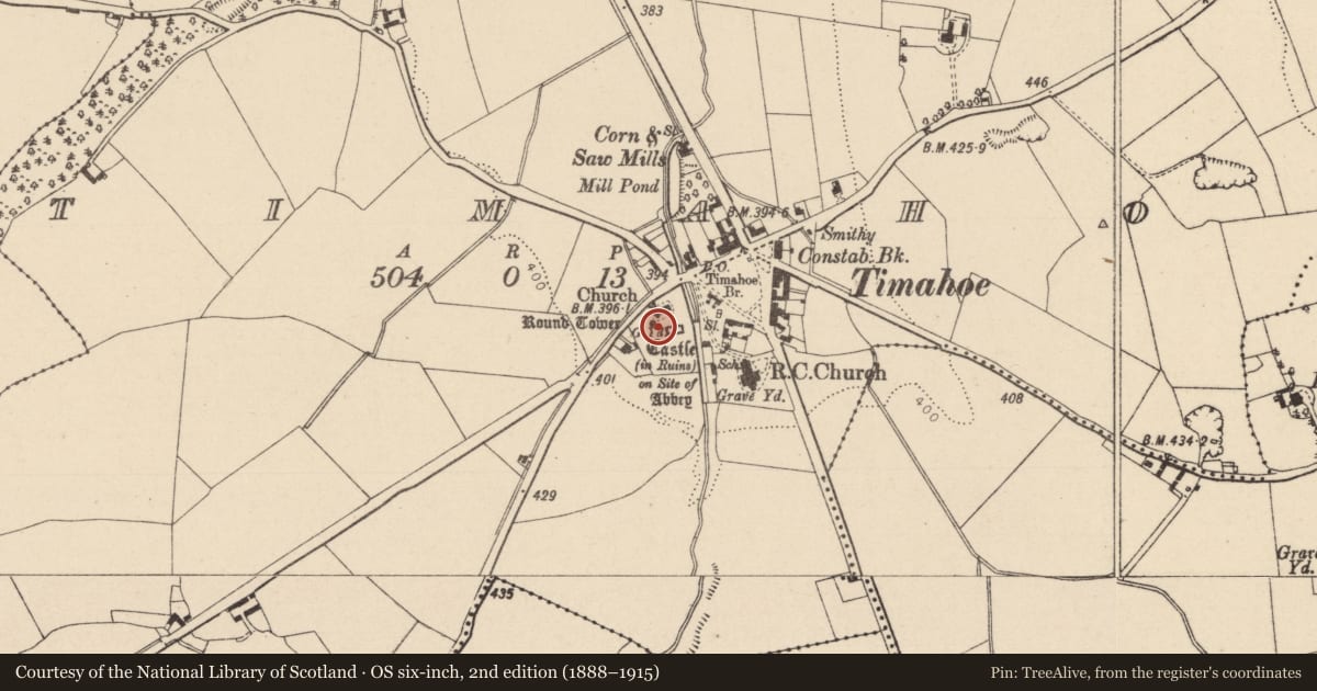 Ordnance Survey six-inch map, 2nd edition (1888–1915) covering the location of Round tower, Timahoe, County Laois, with a pin at the register's coordinates