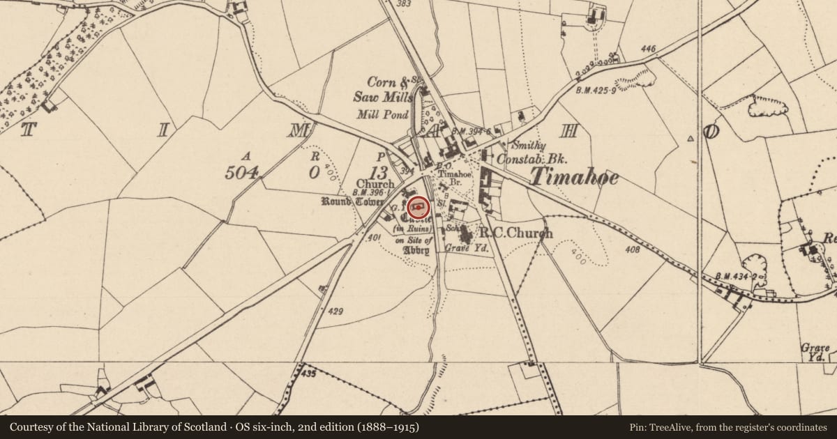 Ordnance Survey six-inch map, 2nd edition (1888–1915) covering the location of Sheela-na-gig, Timahoe, County Laois, with a pin at the register's coordinates