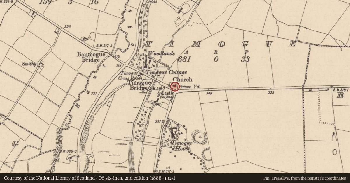 Ordnance Survey six-inch map, 2nd edition (1888–1915) covering the location of Church, Timogue, County Laois, with a pin at the register's coordinates