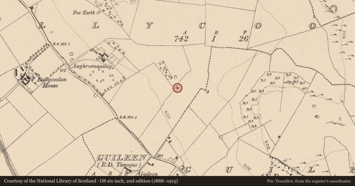 Ordnance Survey six-inch map, 2nd edition (1888–1915) covering the location of Field boundary, Ballycoolan, Guileen, County Laois, with a pin at the register's coordinates