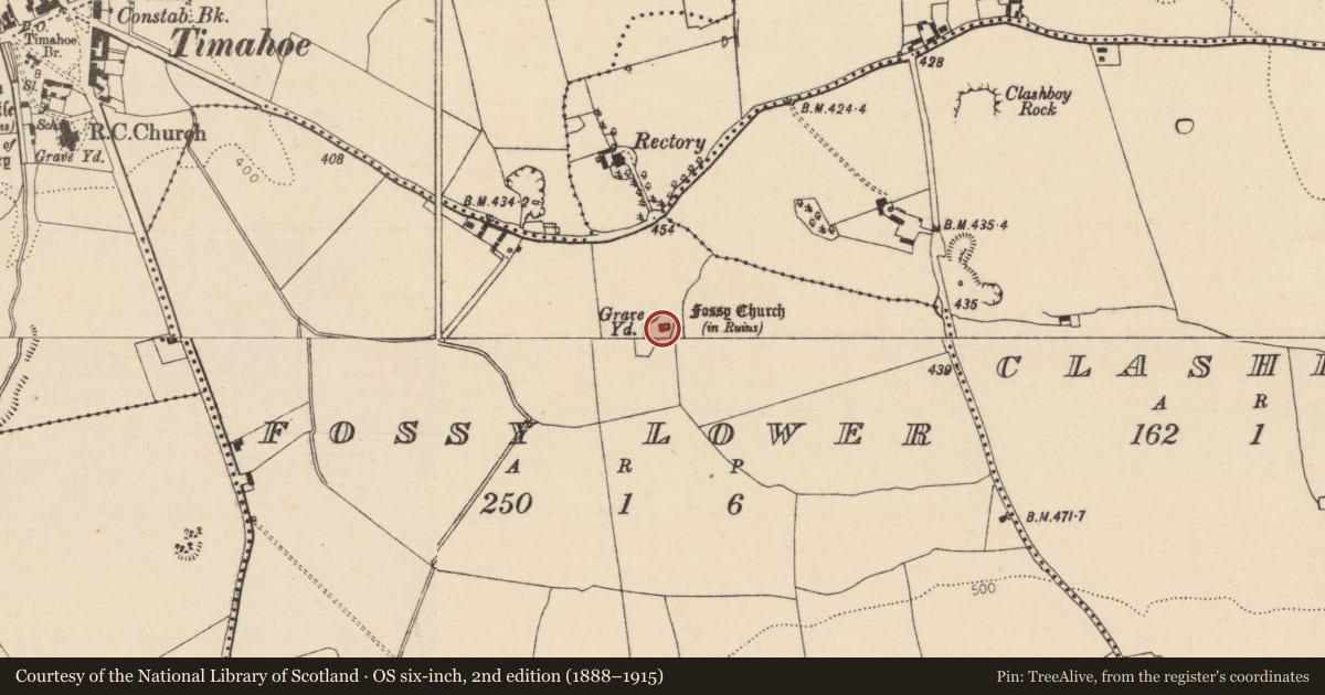 Ordnance Survey six-inch map, 2nd edition (1888–1915) covering the location of Church, Fossy Lower, County Laois, with a pin at the register's coordinates