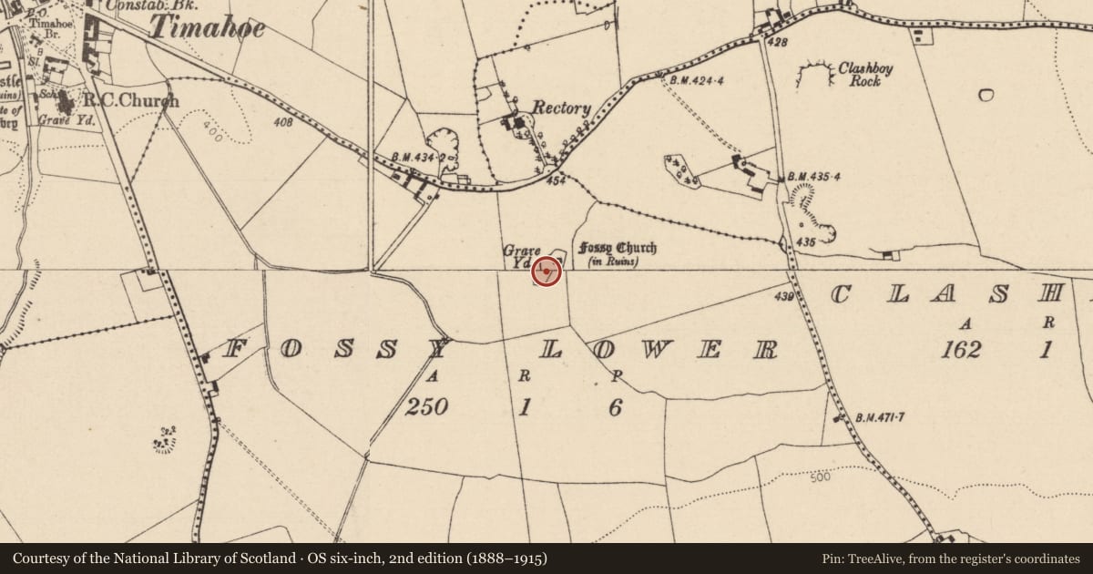 Ordnance Survey six-inch map, 2nd edition (1888–1915) covering the location of Cross-slab, Fossy Lower, County Laois, with a pin at the register's coordinates