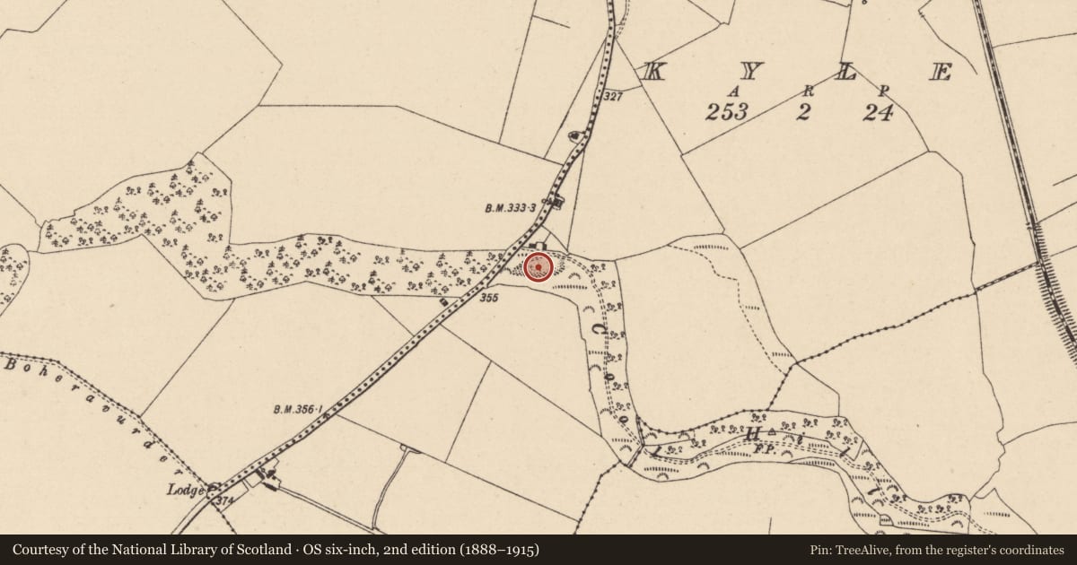 Ordnance Survey six-inch map, 2nd edition (1888–1915) covering the location of Burial, Kyle, County Laois, with a pin at the register's coordinates