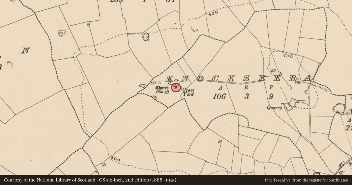 Ordnance Survey six-inch map, 2nd edition (1888–1915) covering the location of Church, Knockseera, County Laois, with a pin at the register's coordinates