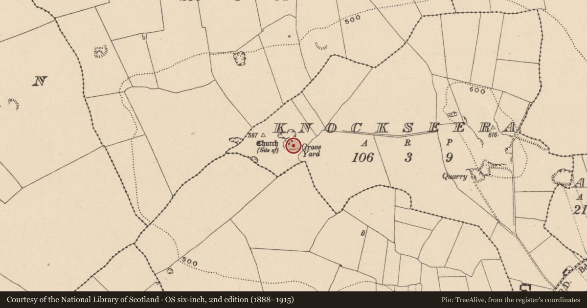 Ordnance Survey six-inch map, 2nd edition (1888–1915) covering the location of Graveyard, Knockseera, County Laois, with a pin at the register's coordinates