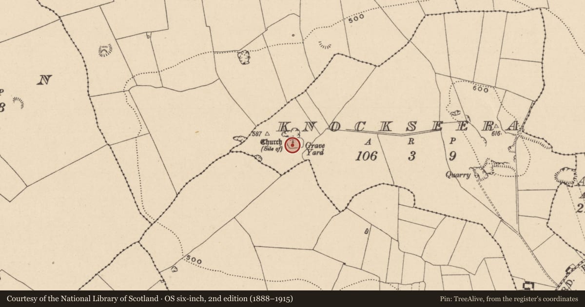 Ordnance Survey six-inch map, 2nd edition (1888–1915) covering the location of Ecclesiastical enclosure, Knockseera, County Laois, with a pin at the register's coordinates