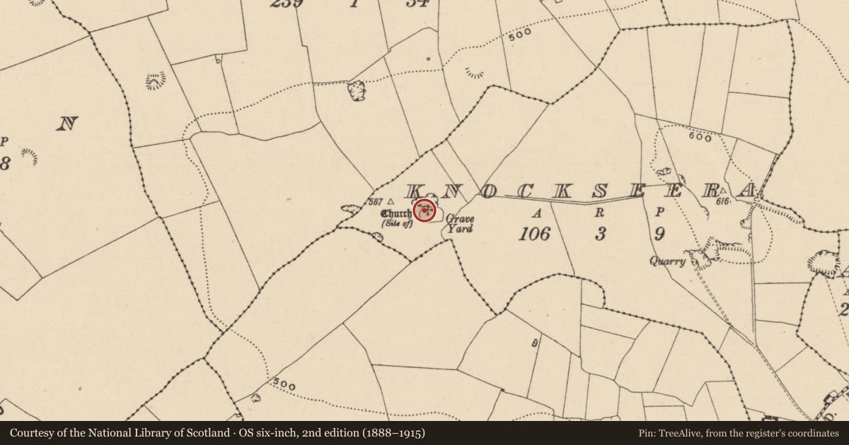Ordnance Survey six-inch map, 2nd edition (1888–1915) covering the location of Ritual site - holy tree/bush, Knockseera, County Laois, with a pin at the register's coordinates