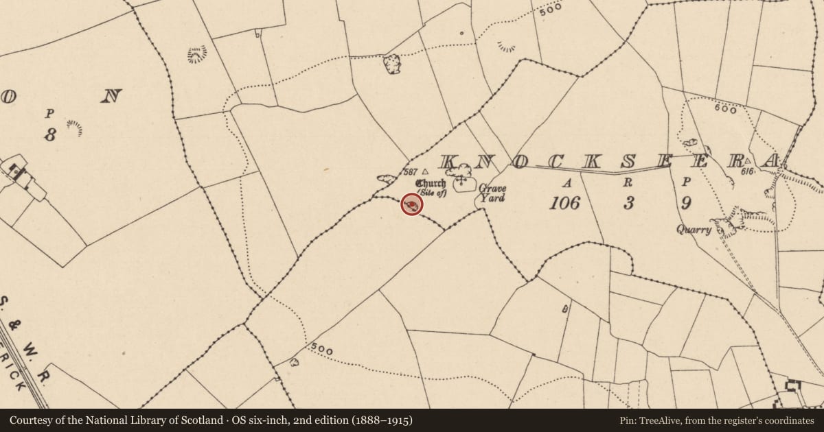 Ordnance Survey six-inch map, 2nd edition (1888–1915) covering the location of Penal Mass station, Knockseera, County Laois, with a pin at the register's coordinates