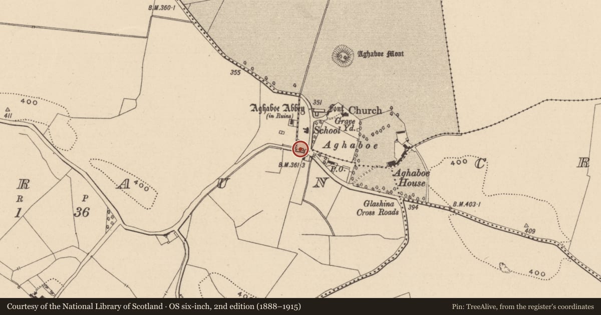 Ordnance Survey six-inch map, 2nd edition (1888–1915) covering the location of Ritual site - holy well, Corraun, County Laois, with a pin at the register's coordinates