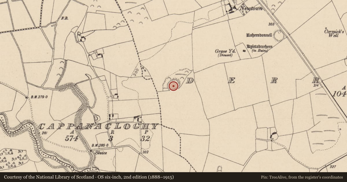 Ordnance Survey six-inch map, 2nd edition (1888–1915) covering the location of Ringfort - rath, Derrykearn, County Laois, with a pin at the register's coordinates