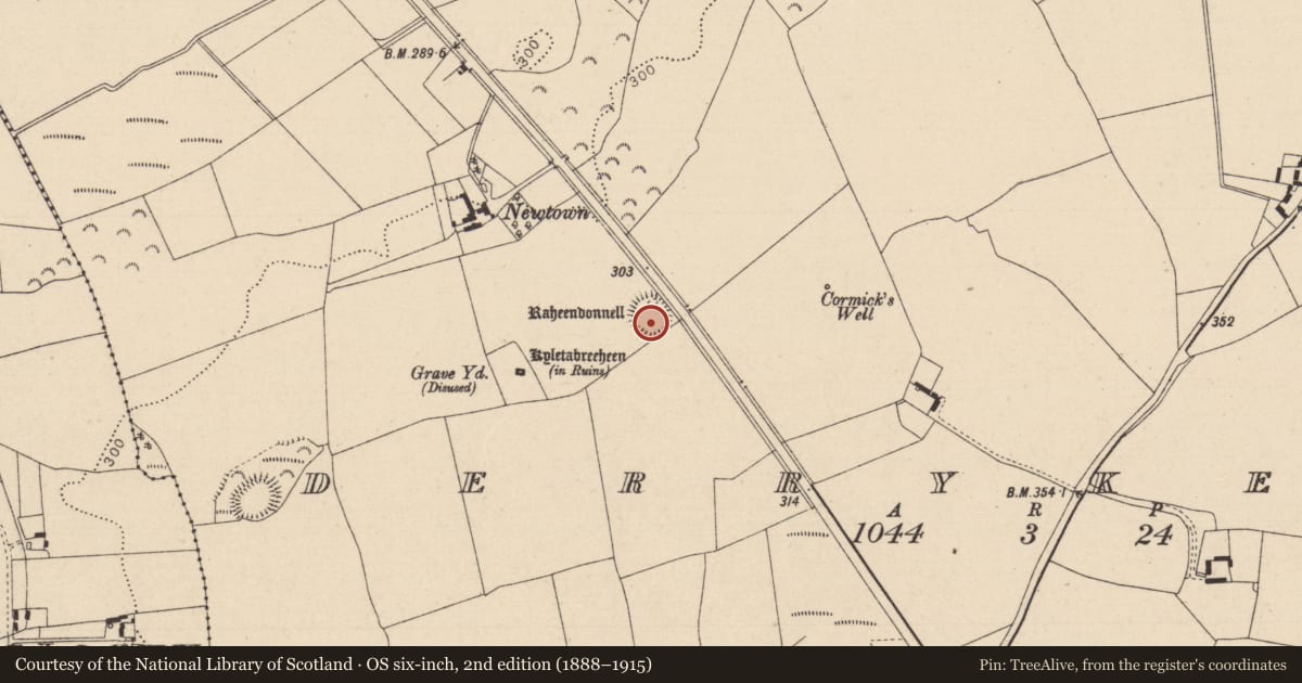 Ordnance Survey six-inch map, 2nd edition (1888–1915) covering the location of Ringfort - rath, Derrykearn, County Laois, with a pin at the register's coordinates