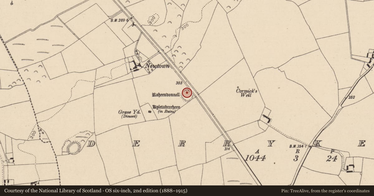 Ordnance Survey six-inch map, 2nd edition (1888–1915) covering the location of Church, Derrykearn, County Laois, with a pin at the register's coordinates