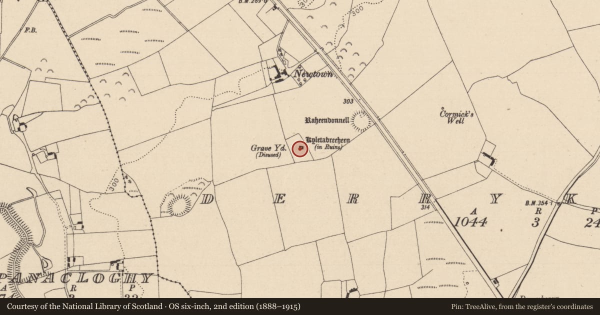 Ordnance Survey six-inch map, 2nd edition (1888–1915) covering the location of Church, Derrykearn, County Laois, with a pin at the register's coordinates