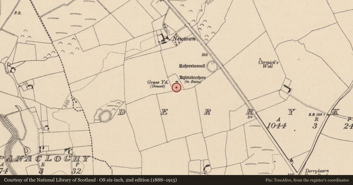 Ordnance Survey six-inch map, 2nd edition (1888–1915) covering the location of Graveyard, Derrykearn, County Laois, with a pin at the register's coordinates
