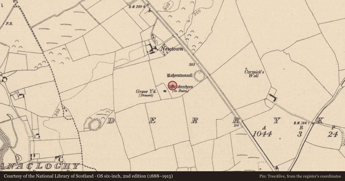Ordnance Survey six-inch map, 2nd edition (1888–1915) covering the location of Ecclesiastical enclosure, Derrykearn, County Laois, with a pin at the register's coordinates