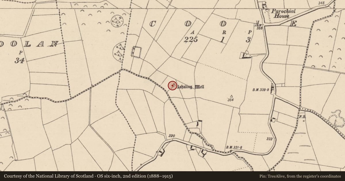 Ordnance Survey six-inch map, 2nd edition (1888–1915) covering the location of Well, Coole, County Laois, with a pin at the register's coordinates