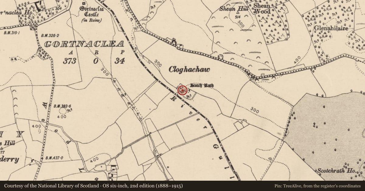 Ordnance Survey six-inch map, 2nd edition (1888–1915) covering the location of House - fortified house, Scotchrath, County Laois, with a pin at the register's coordinates