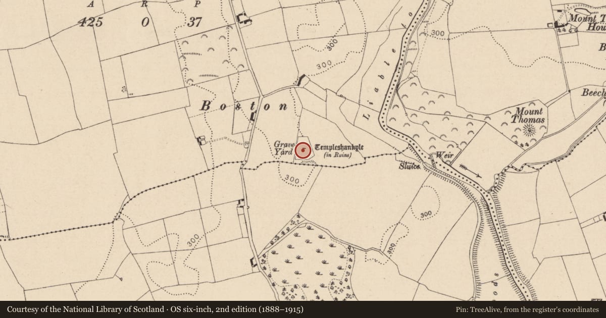 Ordnance Survey six-inch map, 2nd edition (1888–1915) covering the location of Church, Boley Lower, County Laois, with a pin at the register's coordinates