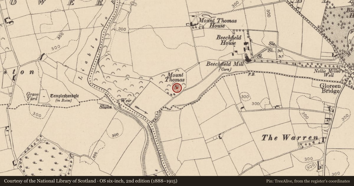 Ordnance Survey six-inch map, 2nd edition (1888–1915) covering the location of Designed landscape - tree-ring, Poormansbridge, County Laois, with a pin at the register's coordinates