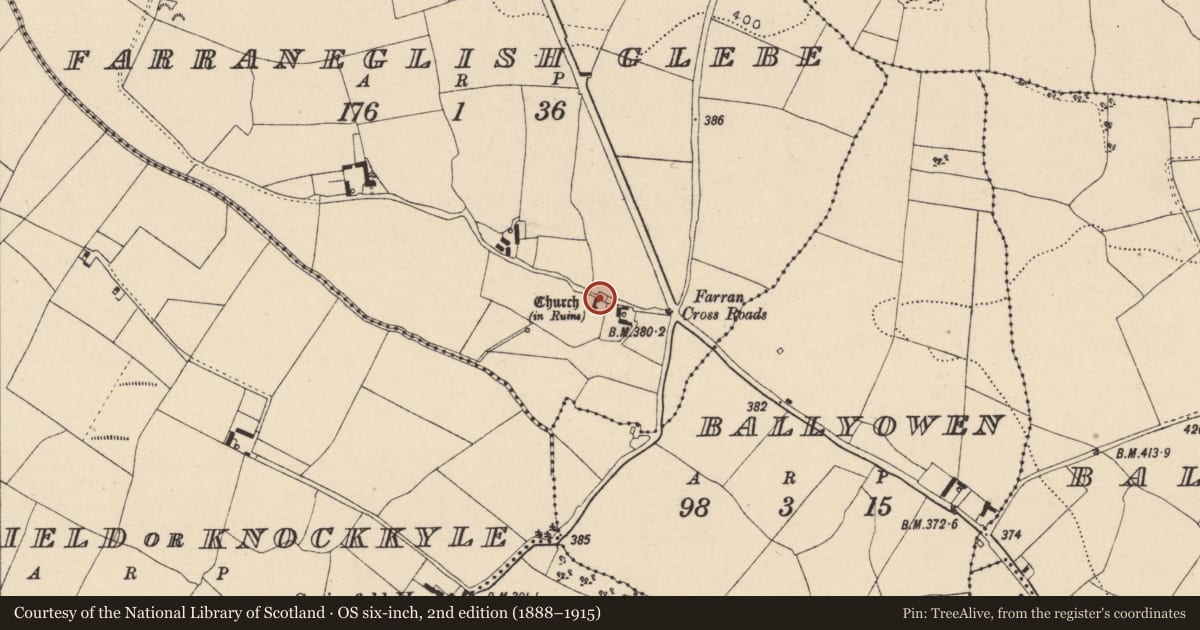 Ordnance Survey six-inch map, 2nd edition (1888–1915) covering the location of Church, Farraneglish Glebe, County Laois, with a pin at the register's coordinates
