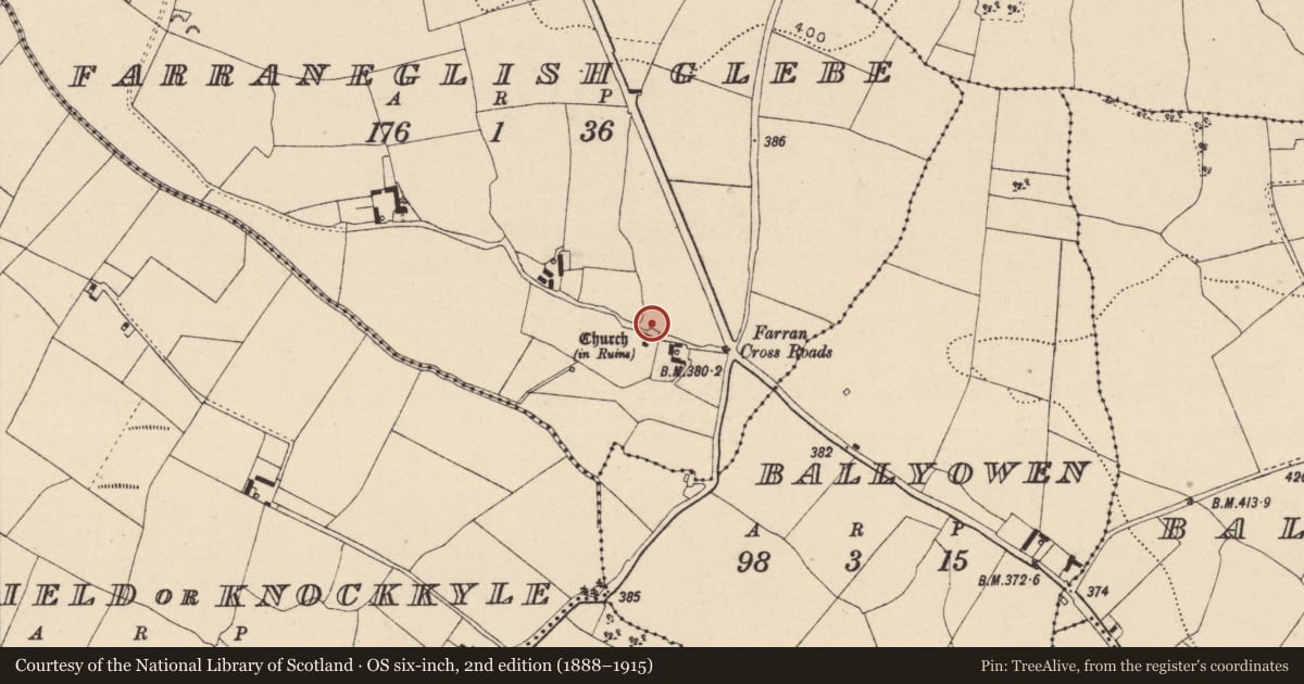 Ordnance Survey six-inch map, 2nd edition (1888–1915) covering the location of Graveyard, Farraneglish Glebe, County Laois, with a pin at the register's coordinates