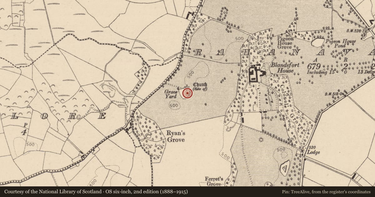 Ordnance Survey six-inch map, 2nd edition (1888–1915) covering the location of Church, Rahanavannagh, County Laois, with a pin at the register's coordinates