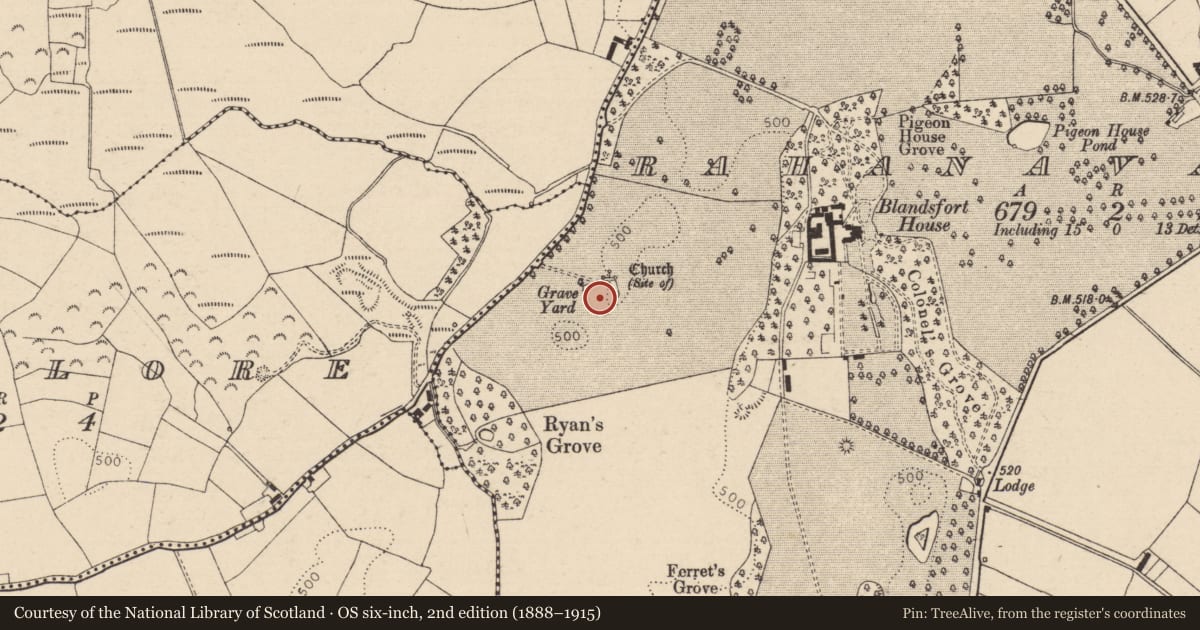 Ordnance Survey six-inch map, 2nd edition (1888–1915) covering the location of Graveyard, Rahanavannagh, County Laois, with a pin at the register's coordinates
