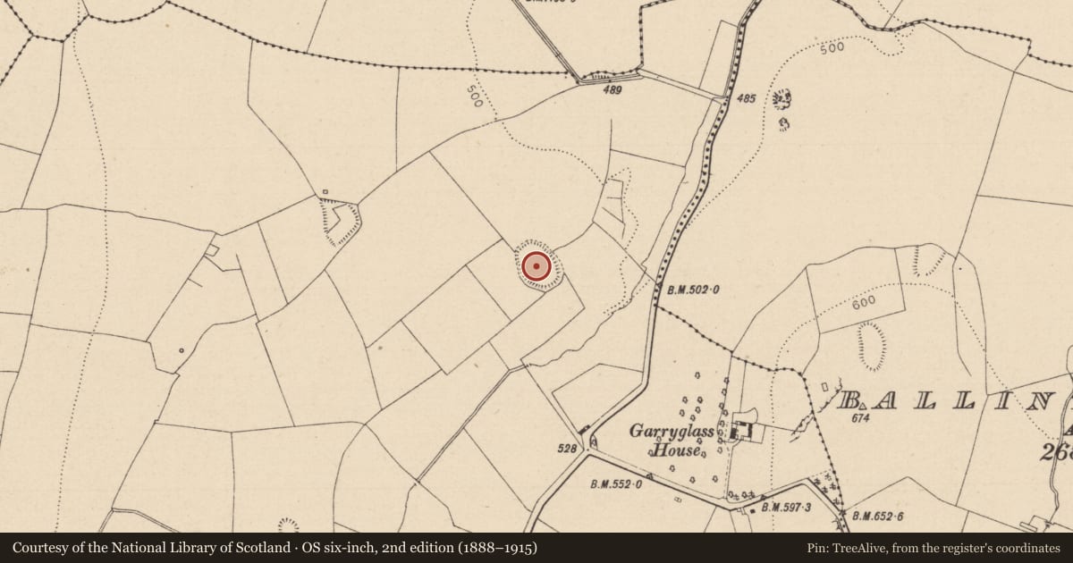 Ordnance Survey six-inch map, 2nd edition (1888–1915) covering the location of Enclosure, Garryglass, County Laois, with a pin at the register's coordinates